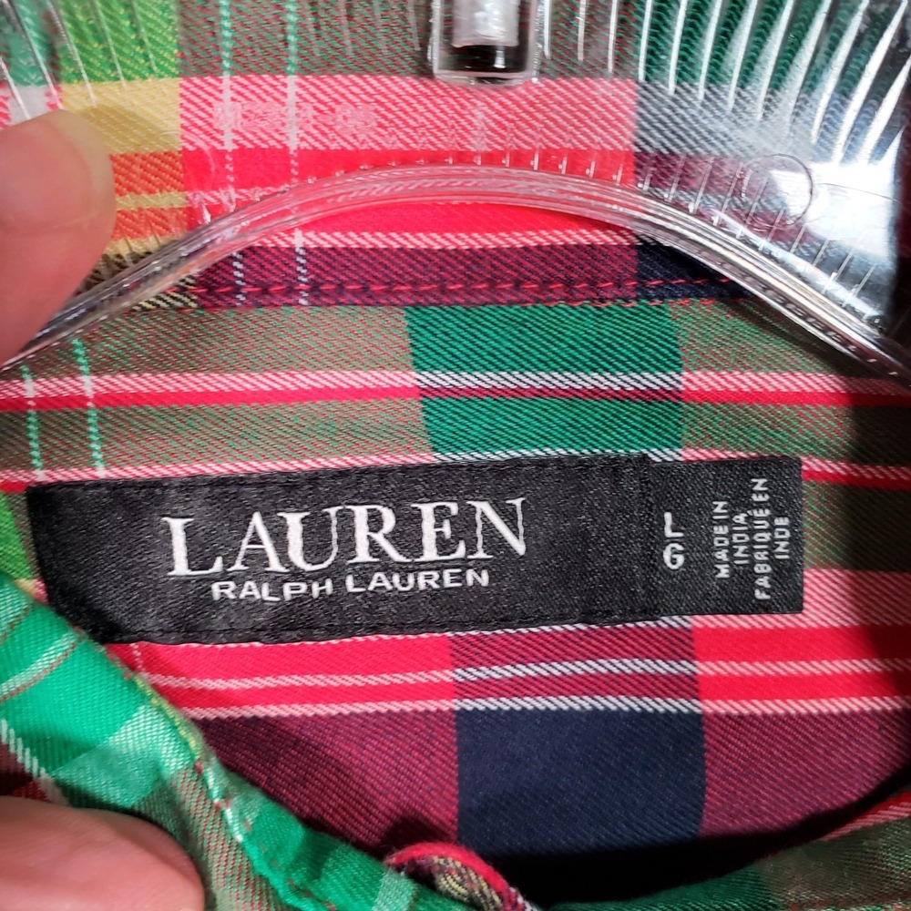 Lauren Ralph Lauren Top Womens L Red Green Plaid Roll Tab Preppy Americana Cabin - Picture 5 of 10